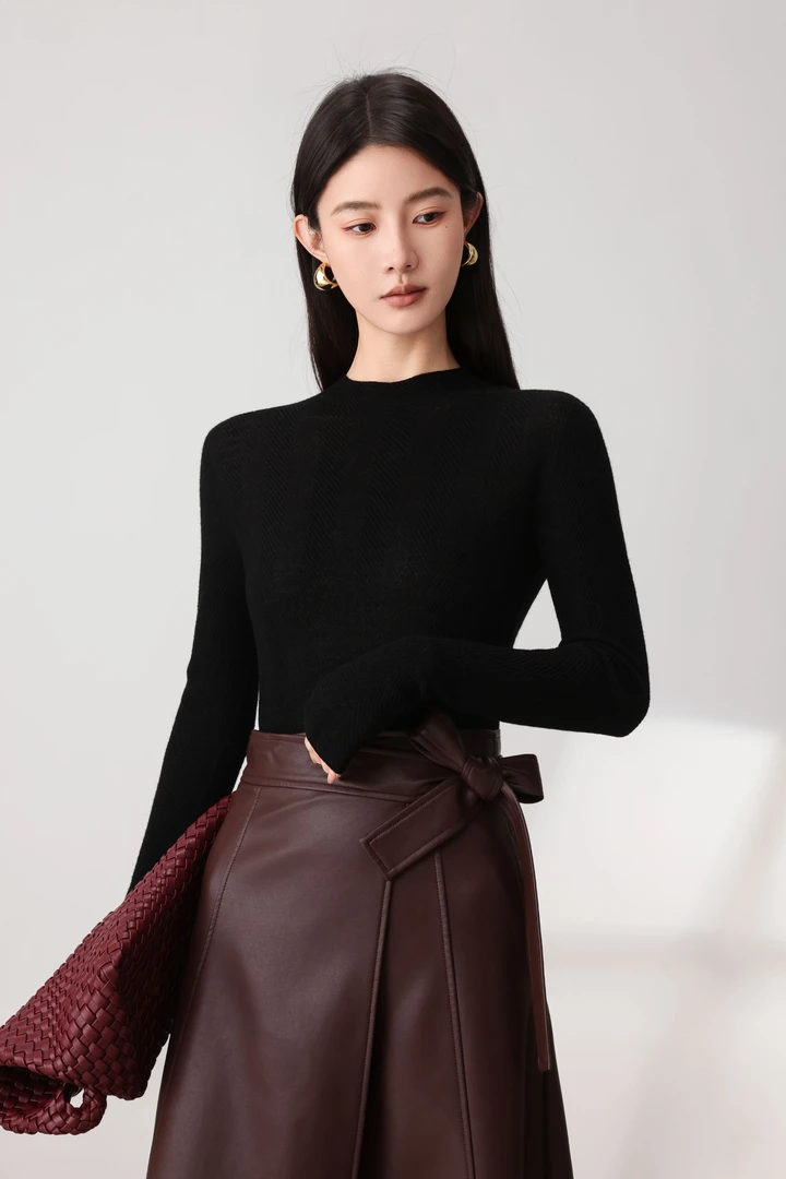 【鱼骨纹长袖】可机洗精纺全羊毛纯色女士半高领针织衫显瘦不易起球