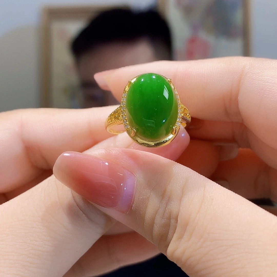 和田玉（碧玉）戒指银S925镀金镶嵌