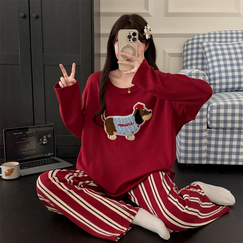 100%棉大码睡衣女春秋季纯棉休闲时尚胖mm200斤宽松家居服套装17