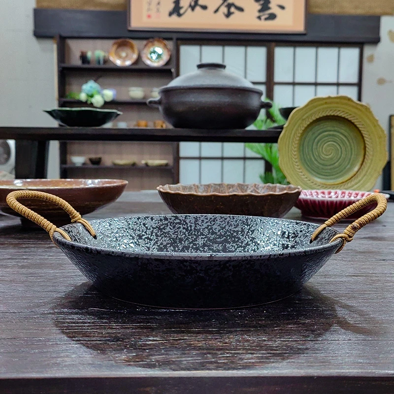 「窑变餐具」复古防烫手工编织提绳金属黑双耳盘