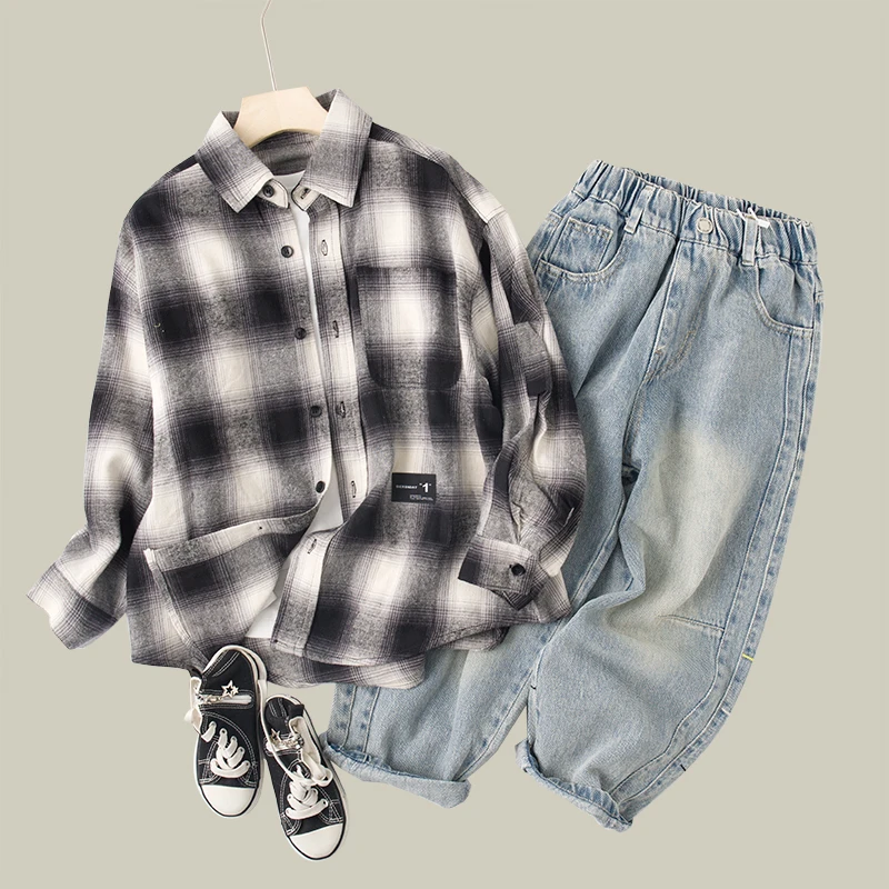 吴小越w943男童衬衫长袖格子儿童上衣春秋款韩范中大童外套翻领春