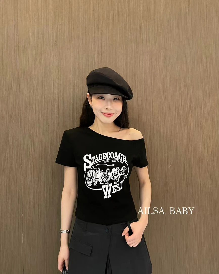 【AILSA BABY】欧货字母小马图案斜肩上衣/42603A