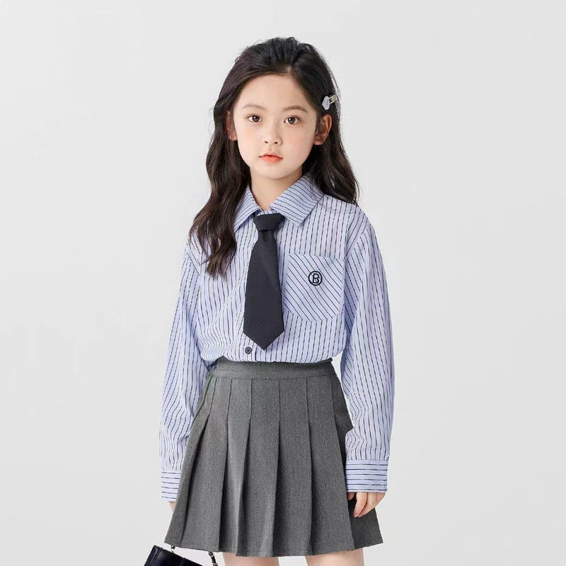女童秋装套装2025春秋款儿童JK制服条纹衬衫短裙领带三件女孩童装