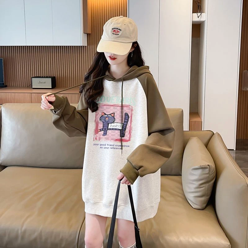 猫咪卡通印花学生洋气连帽卫衣女春秋季薄款休闲百搭拼色长袖外套