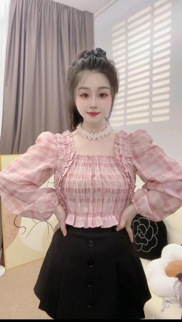 小仙女衣橱甜美双层木耳花边泡泡袖短款独特设计感法式格子上衣