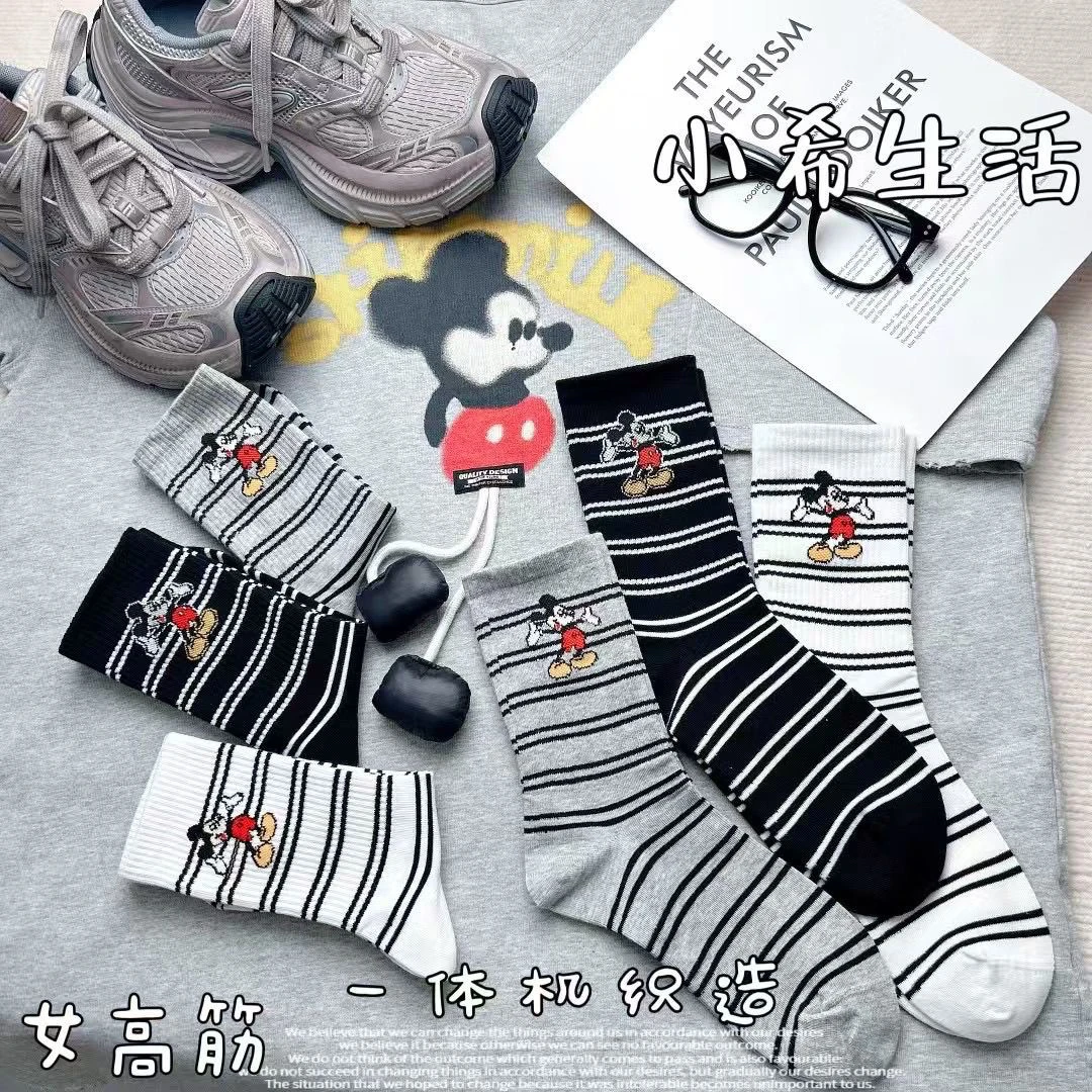 秋冬新款米奇刺绣撞色条纹中筒袜女网红ins潮袜卡通图案休闲袜子