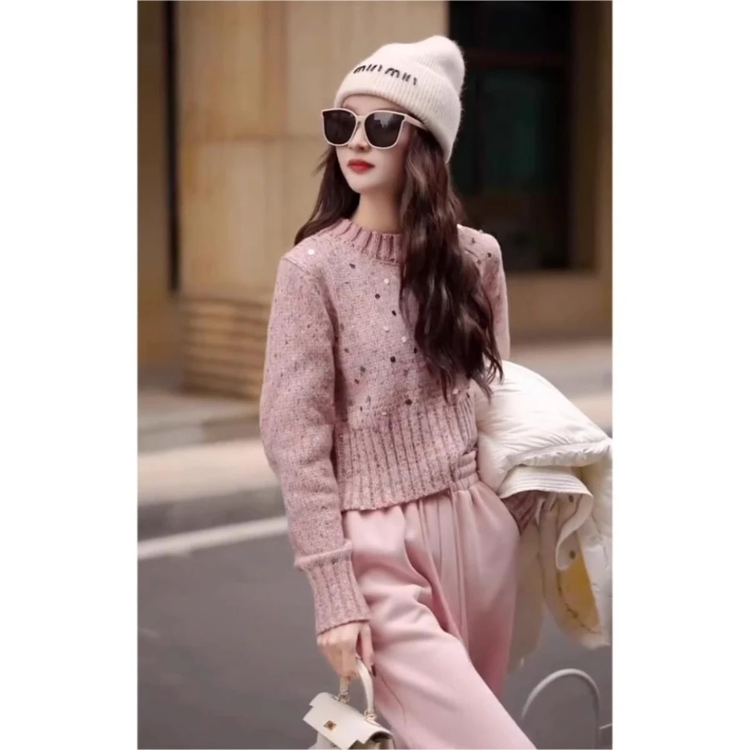 深冬装搭配一整套粉色短款亮片毛衣束脚卫裤小个子显高时尚套装女