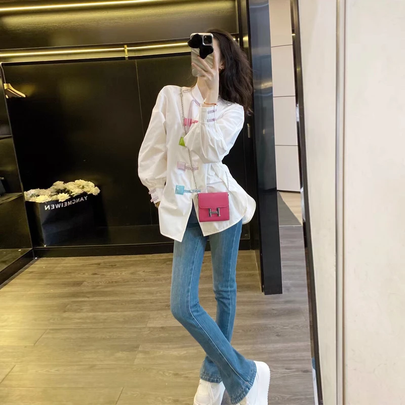 网红新中式白色衬衫女春季新款时尚百搭小众显瘦气质长袖高档衬衣