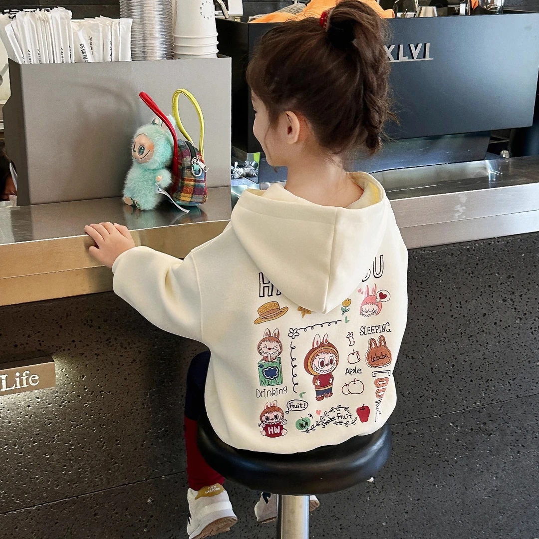 女童秋冬加绒卫衣2025新款中大童韩版一体绒连帽卫衣洋气印花上衣