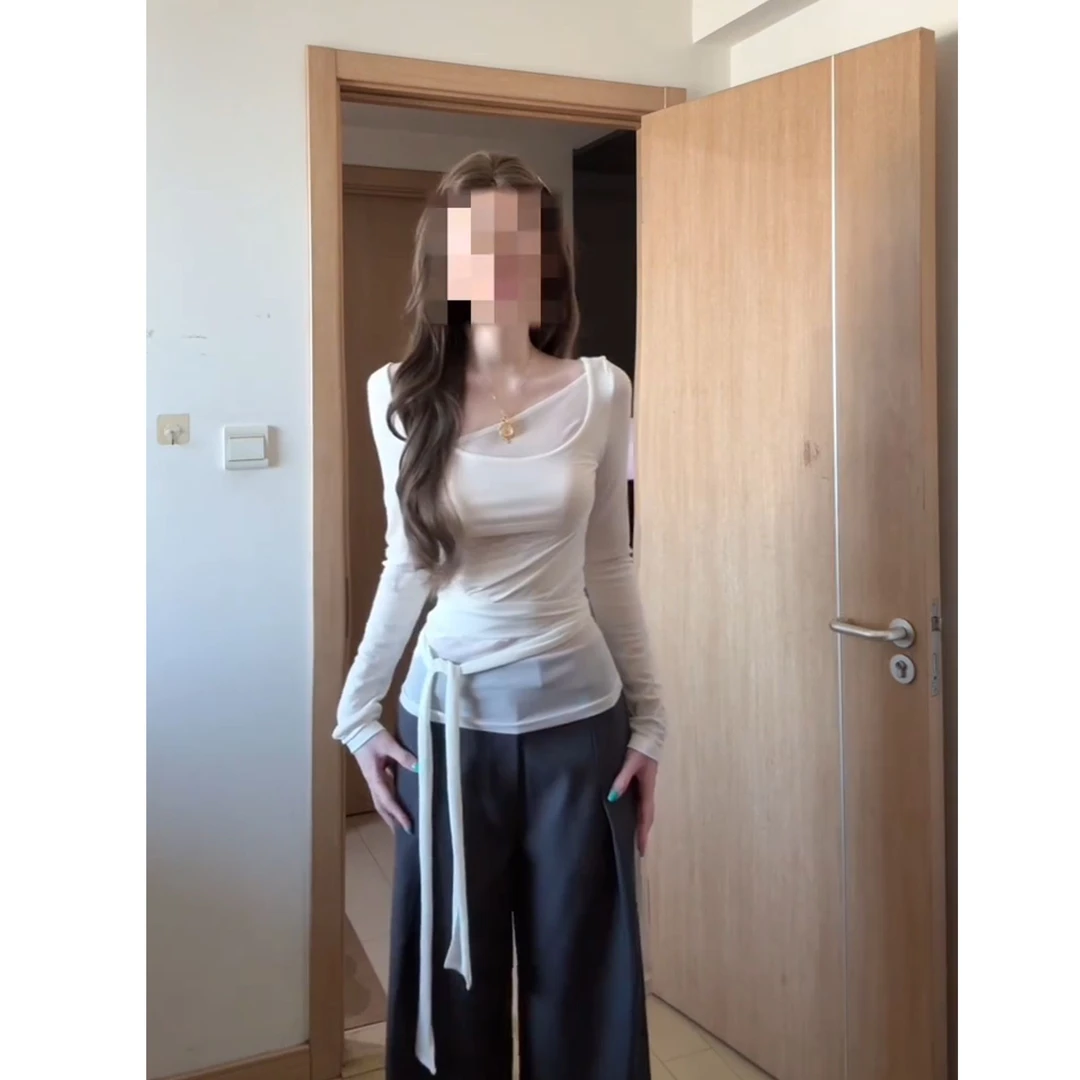 【现货】白色拼接小众设计绑带长袖上衣显瘦直筒休闲裤X11109