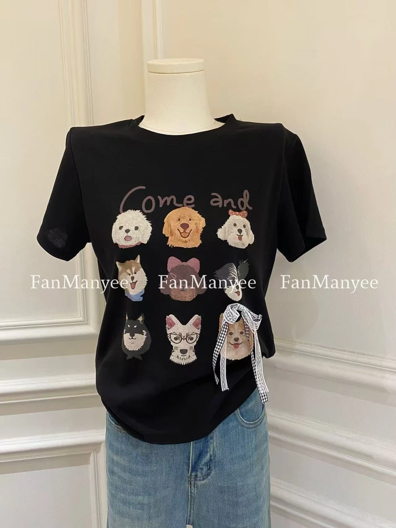 【小狗派对】夏季韩版圆领减龄丝带卡通ins百搭短袖上衣x