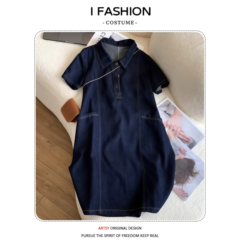 高含棉休闲减龄牛仔连衣裙女2026年夏季新款宽松百搭polo领裙子潮