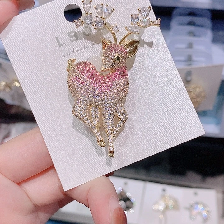 锆石铜合金渐变粉小鹿胸针