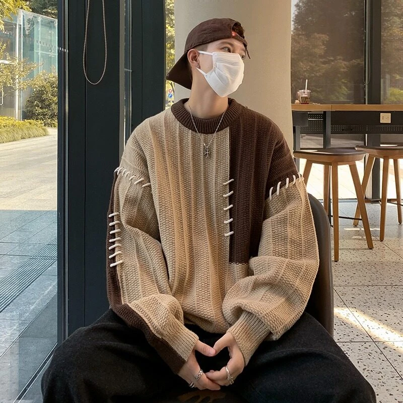 毛衣男秋冬款撞色拼接设计感小众痞帅慵懒风宽松套头针织衫毛线衣
