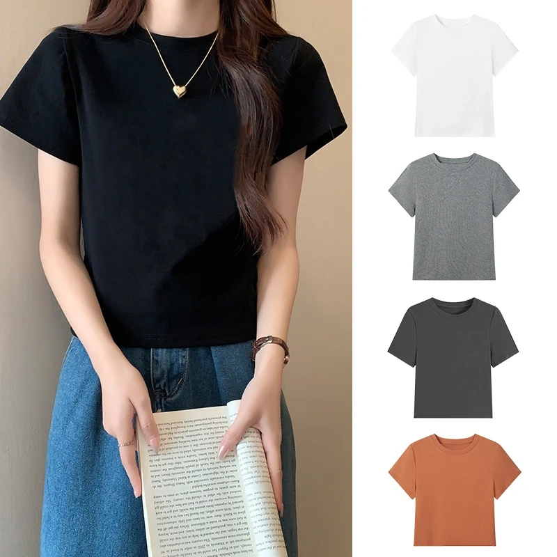 黑色圆领正肩纯色短袖t恤女夏季2025年新款百搭修身显瘦上衣体恤