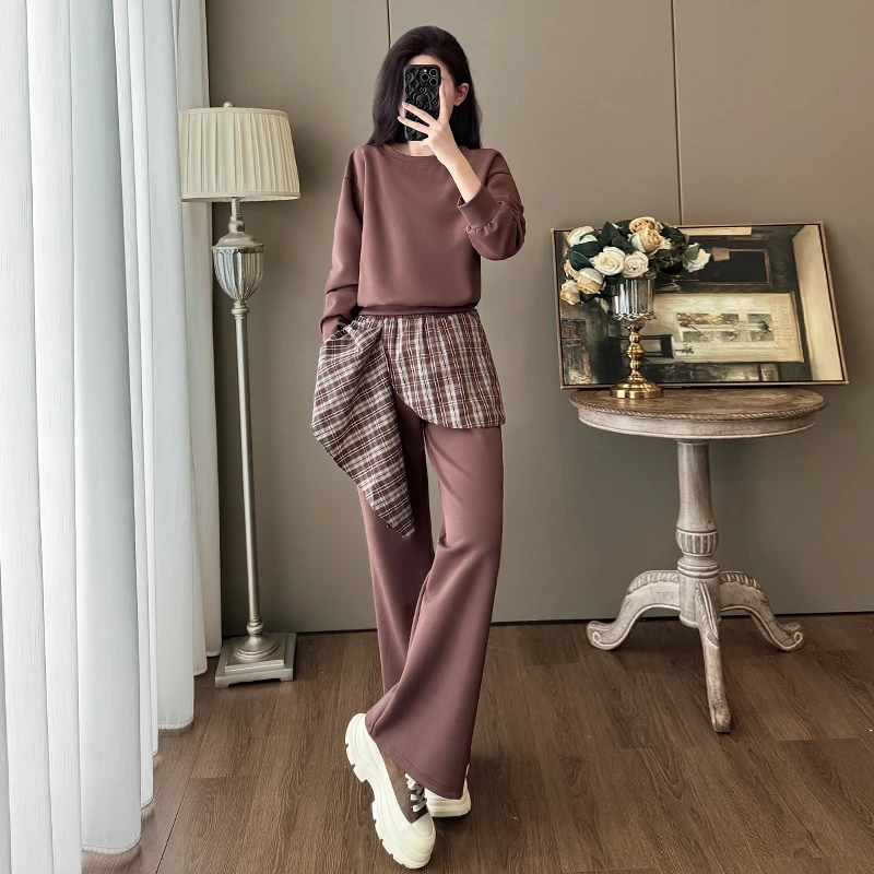 美拉德休闲运动套装女2025秋季气质洋气卫衣拼接格子阔腿裤两件套