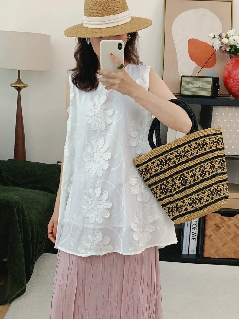 法式立体花朵无袖背心衬衫