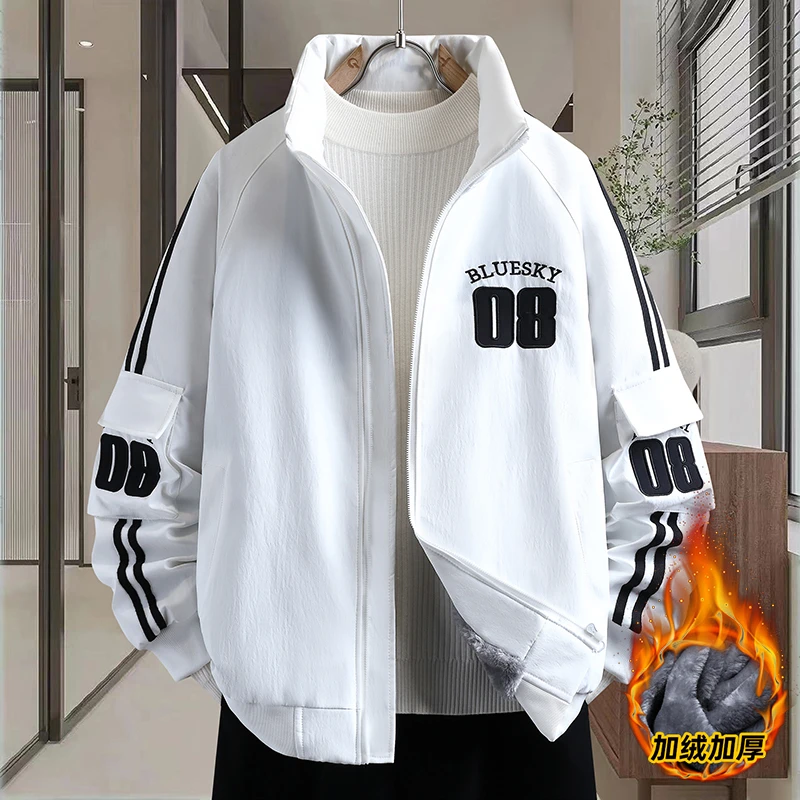 美式潮牌加绒加厚夹克外套秋冬新款男生帅气休闲宽松保暖立领外套