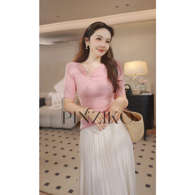 pinziko弯月~100天丝设计感U型珍珠拉扣收皱领口修身针织衫TJF165