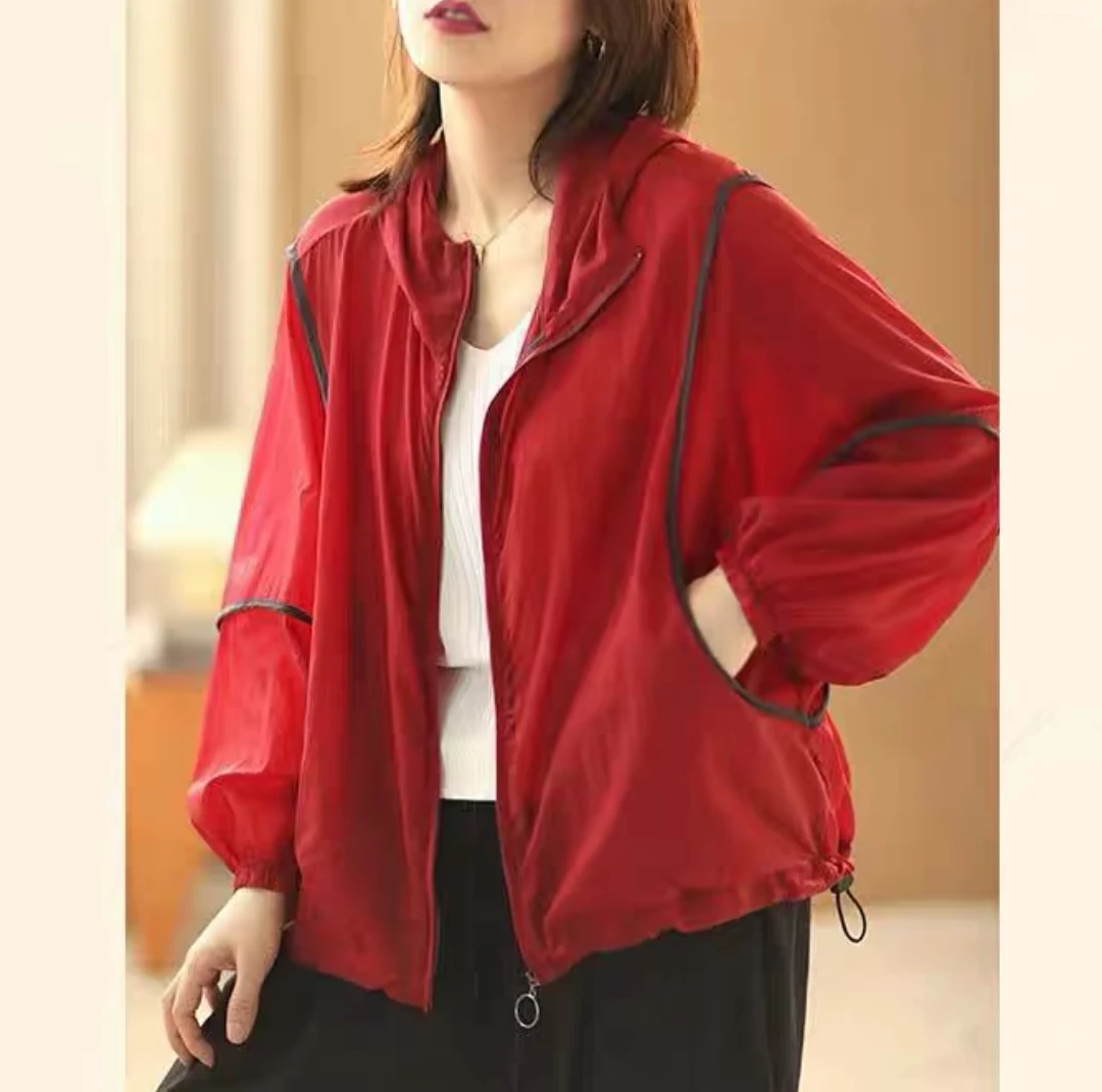 大码夏季防晒薄款宽松型舒适水洗通勤直筒型耐脏短外套防晒