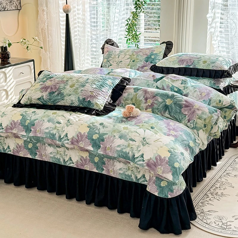 A轻奢法式豹纹床盖四件套赫本风四季通用夹棉加厚花边床单三件套4