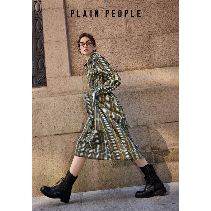PLAIN PEOPLE法式浪漫复古学院格子打揽收腰系带翻领连衣裙女春款