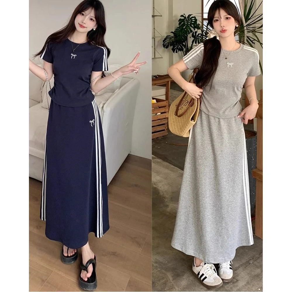休闲慵懒夏季运动三条杠T恤时尚中长半身裙短袖两件套装高腰显瘦