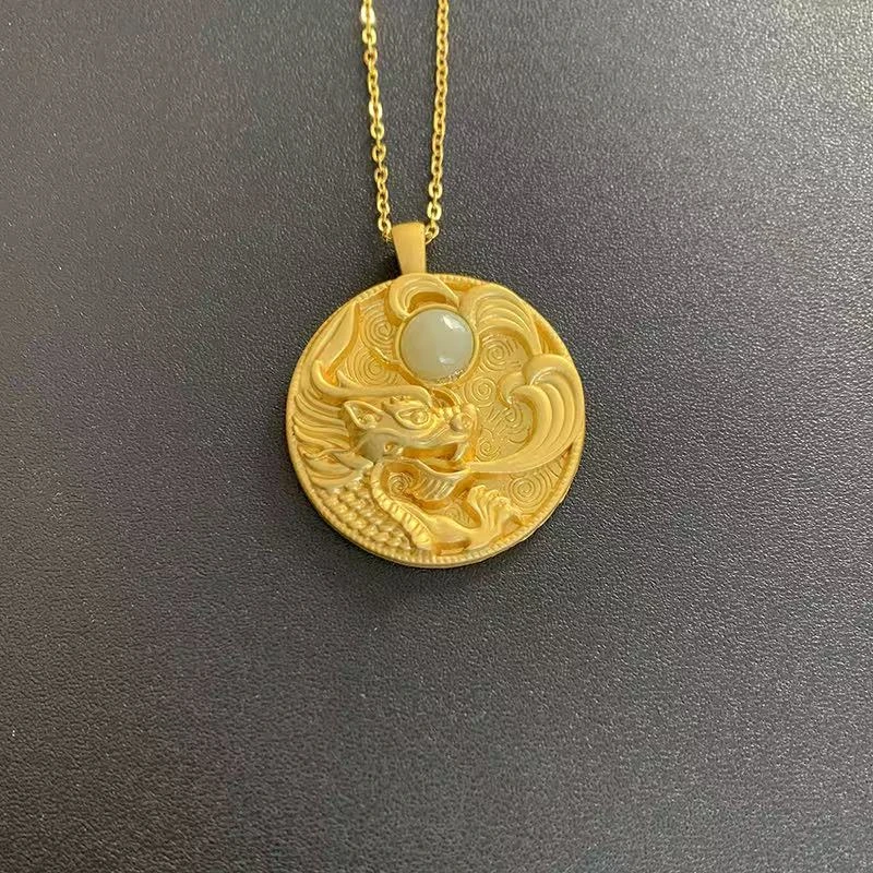 （七七甄选）时尚轻奢和田玉龙牌合金镶嵌吊坠赠合金链