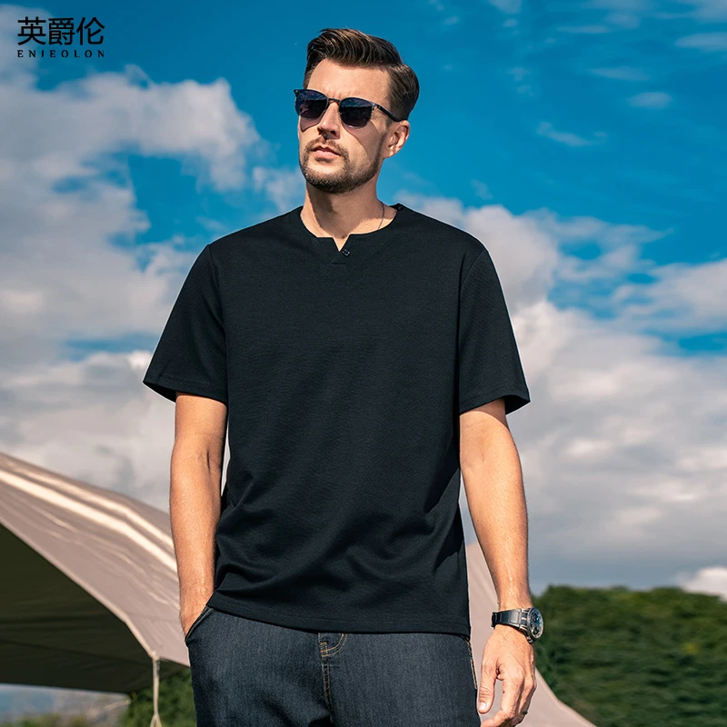 220G重磅V领短袖t恤男美式复古纽扣纯色打底衫夏季休闲体恤TX147