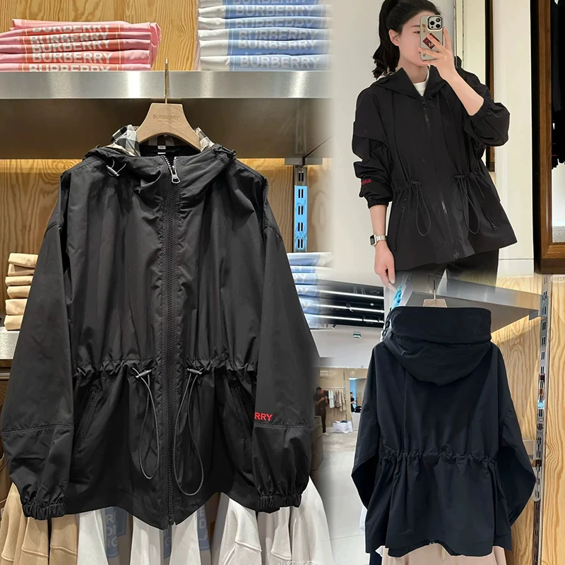 BURBERRY/博柏利 女士黑色聚酯纤维束腰拉链连帽风衣80842581
