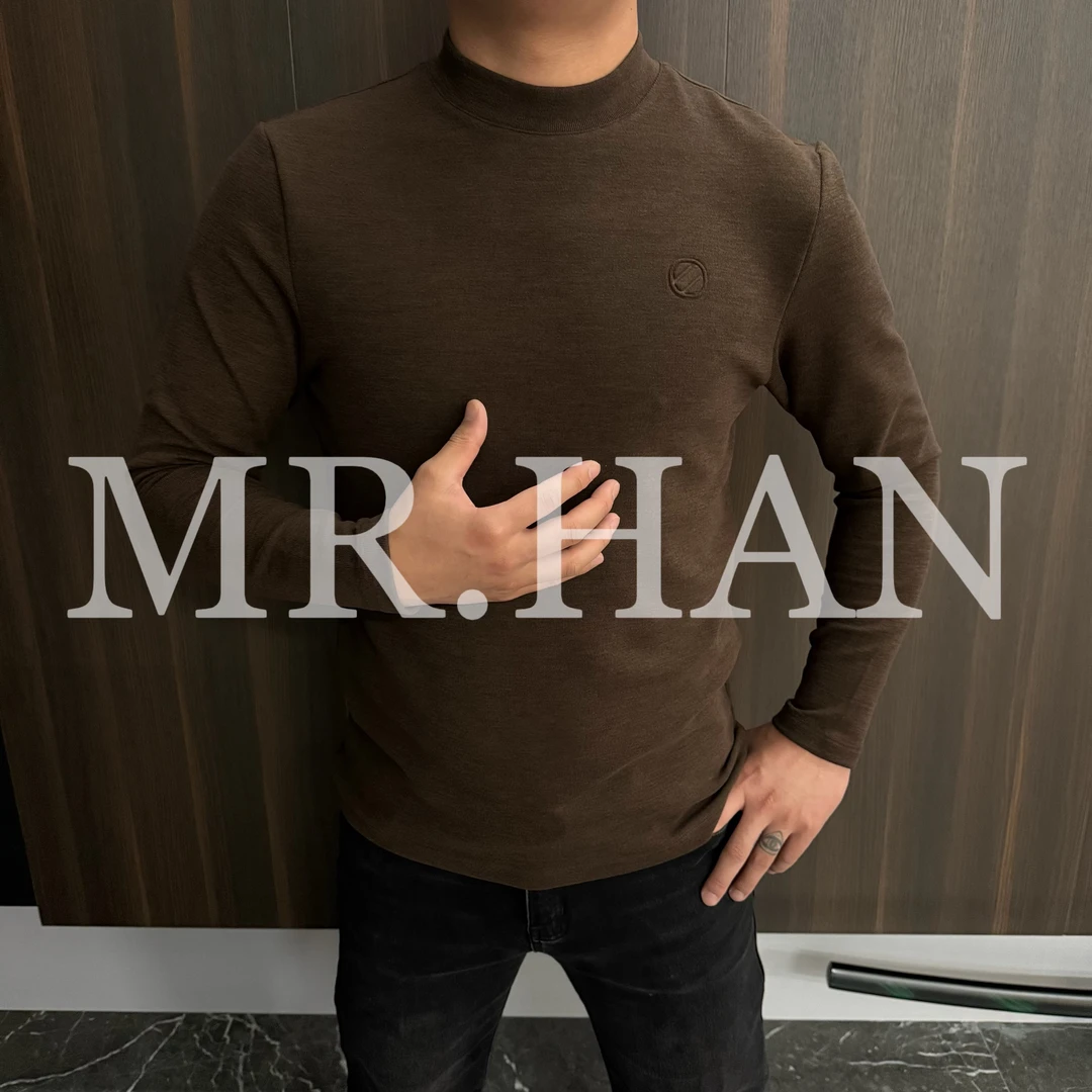 8936休闲半高领磨毛长袖圆领T恤纯色3Dlogo冬季秋冬男士