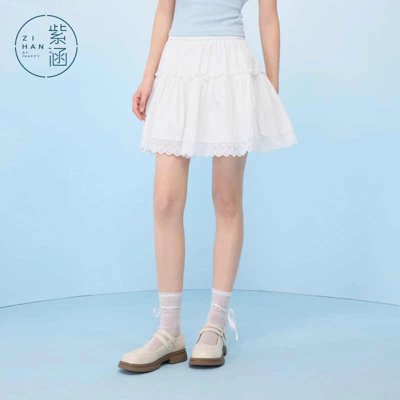 紫涵白色蕾丝花边短裙女2025年夏季新款高腰a字仙女裙Z5Z03AN112