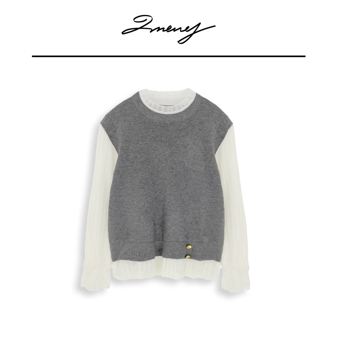 LMENY【清】画报封面～法式通勤木耳边假两件拼接针织小衫24DM022