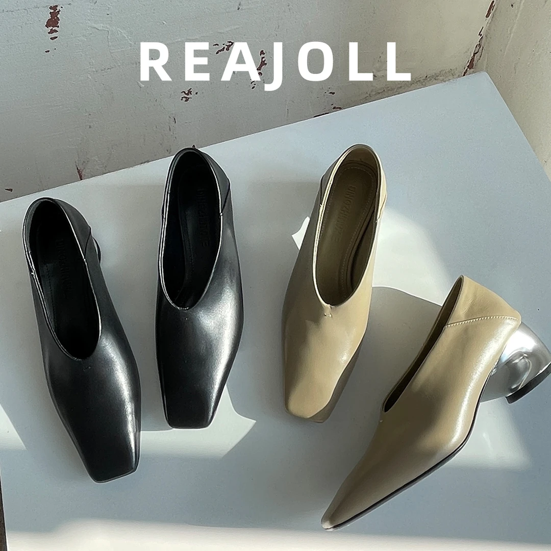 法式小众方头浅口粗跟银色高跟玛丽珍鞋新款真皮百搭一脚蹬单鞋