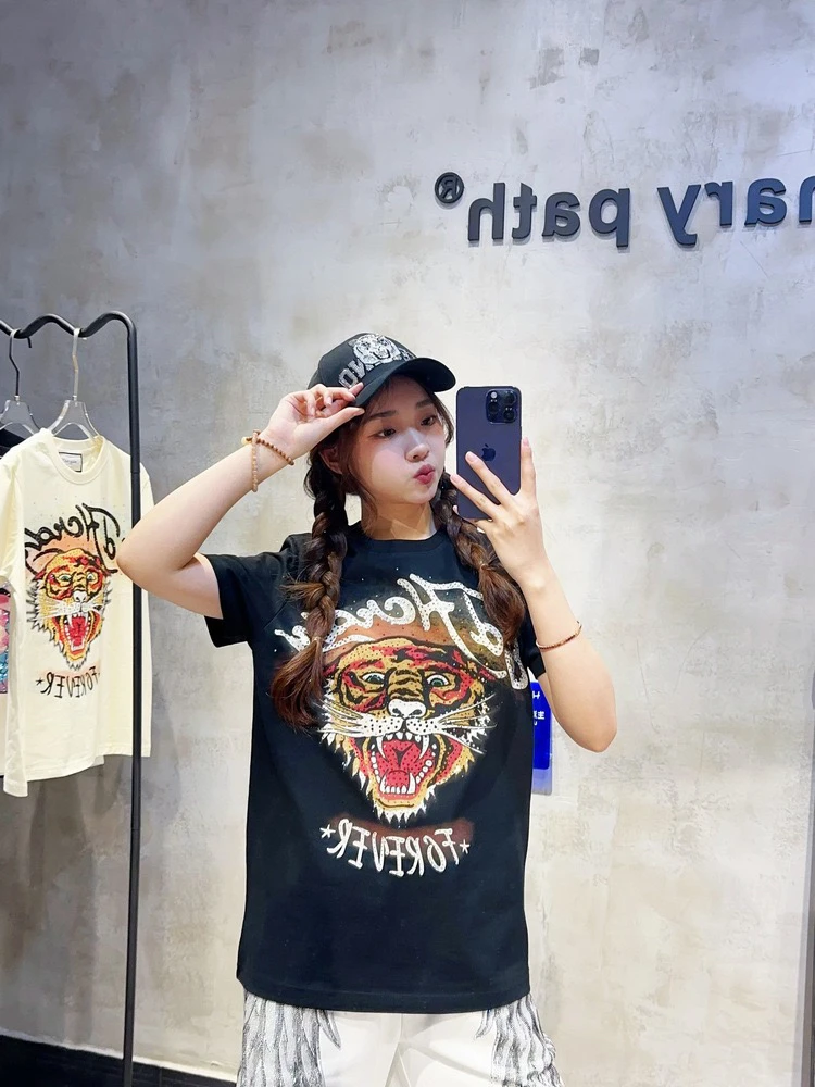 奢潮牌美式复古彩虹老虎头烫钻男女中性情侣街头短袖潮人纯棉T恤