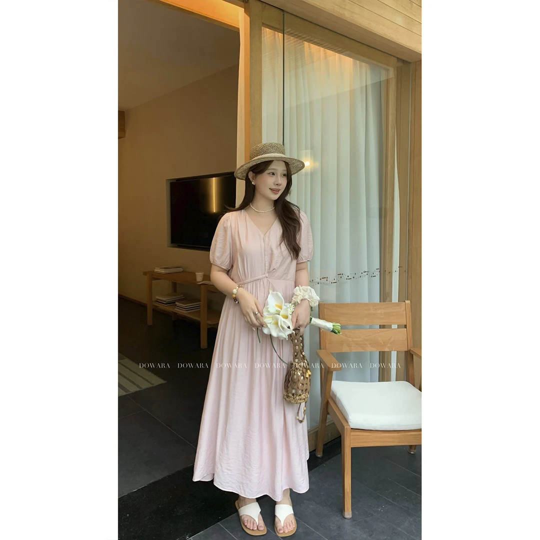 大婉酱微胖定制【桃里桃气】法式V领收腰连衣裙女夏季气质长裙9792D