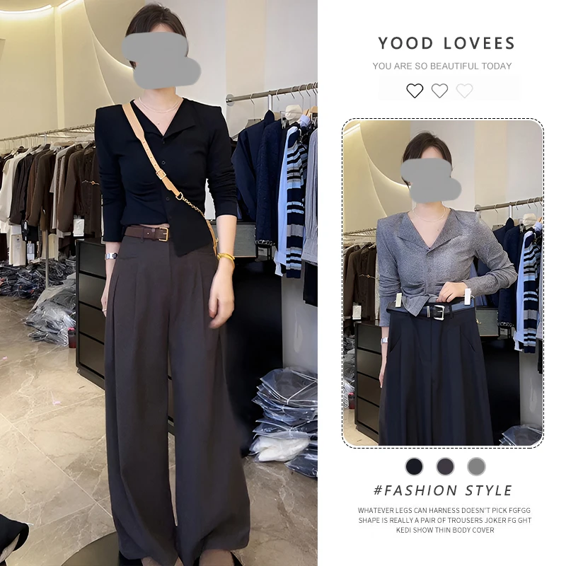 2025春秋时尚套装女小个子减龄V领长袖T恤显瘦休闲直筒裤两件套