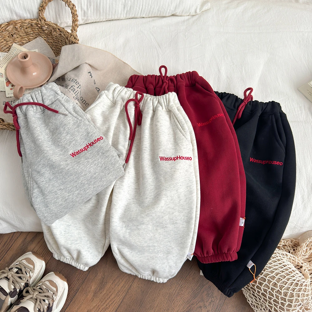 【A类亏米福利】儿童加绒加厚韩版宽松纯色刺绣保暖百搭休闲裤