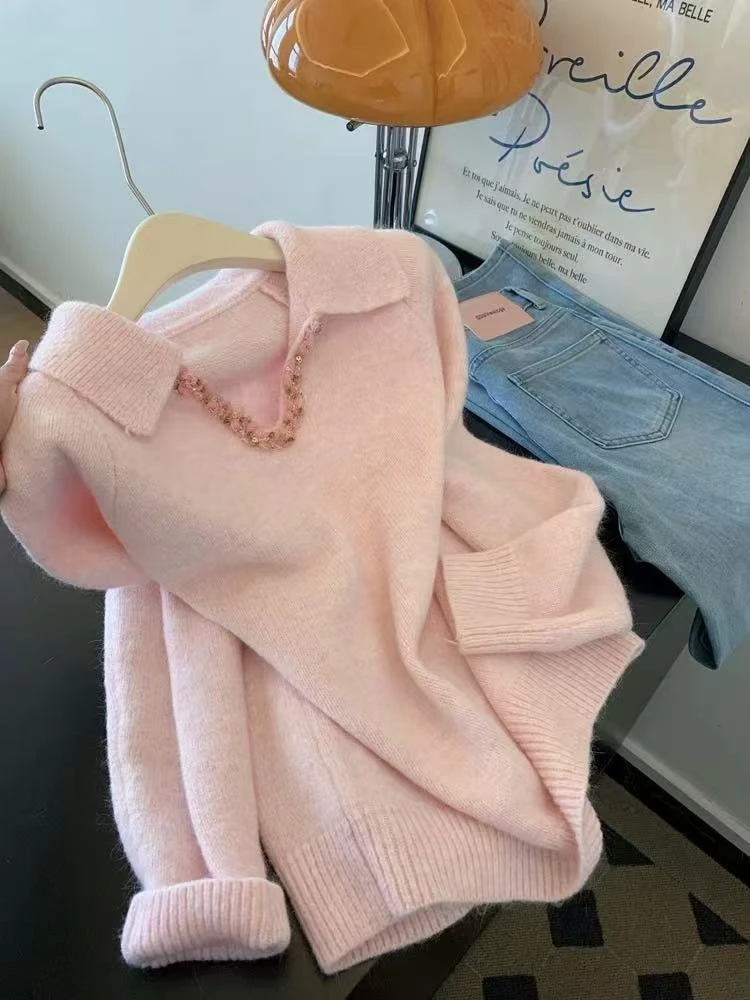 粉色加厚针织衫毛衣女秋冬常规版型合身内搭小个子宽松慵懒风上衣