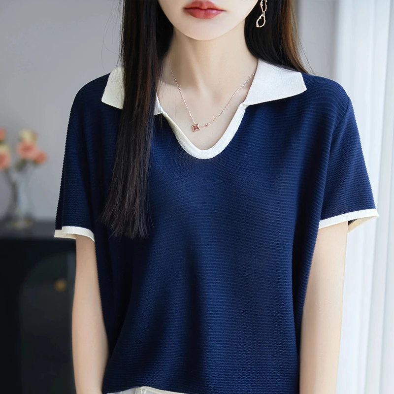 25夏季新款莱赛尔天丝女装时尚翻领小u套头百搭薄款针织衫上衣潮