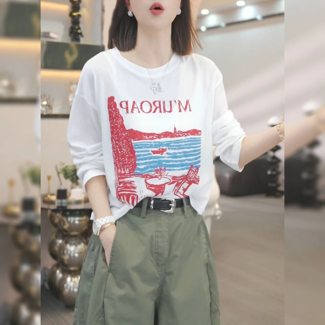 白色印花薄款防晒t恤女夏季空调罩衫2025年新款休闲百搭宽松上衣