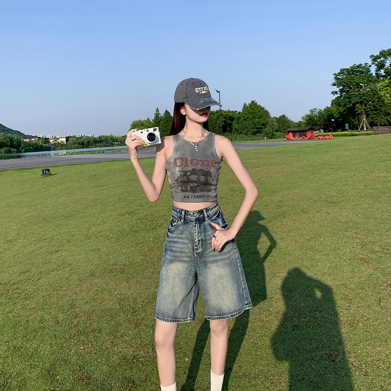 夏季美式复古牛仔中裤五分裤女夏小个子马裤梨型身材半裤高腰短裤