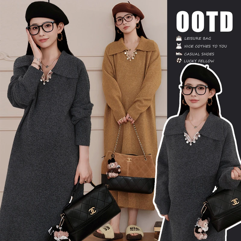 时髦孕妇装新款2025孕妇秋冬新款韩版休闲洋气潮流百搭毛衣连衣裙