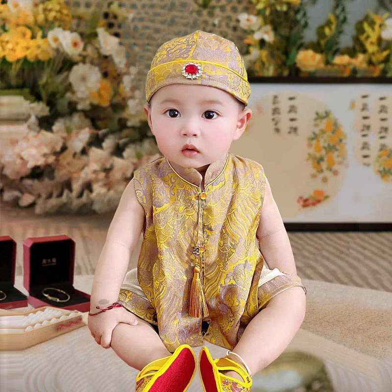 周岁礼服男宝宝抓周生日满月百天宴衣服婴儿唐装冠衣夏季薄款套装