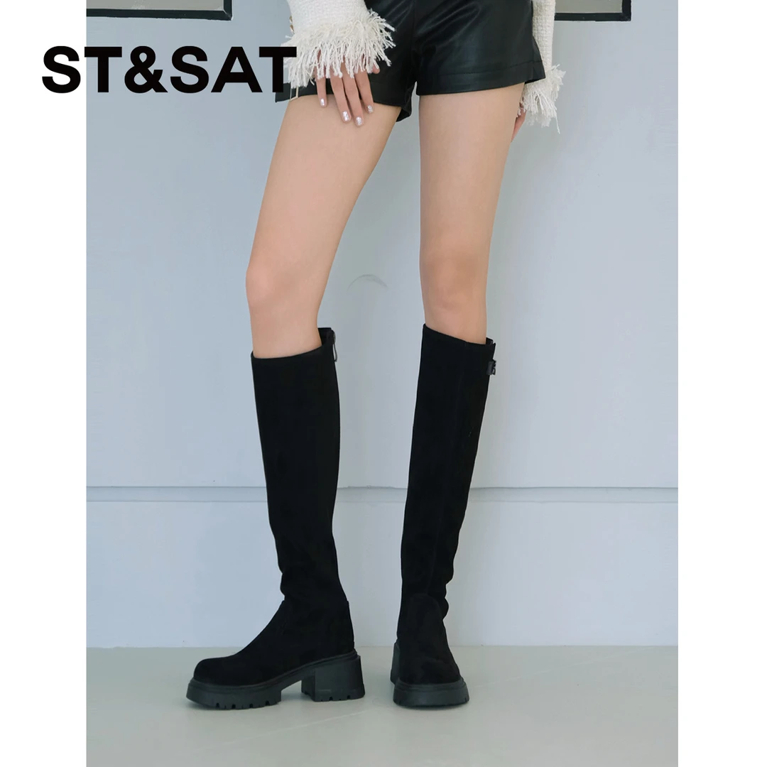 星期六新款时装靴百搭黑色弹力气质高筒靴时尚骑士靴新款长靴女