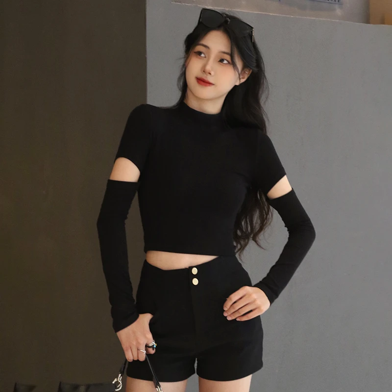 黑色螺纹半高领打底衫女秋冬内搭短款破洞长袖修身显瘦上衣露脐潮