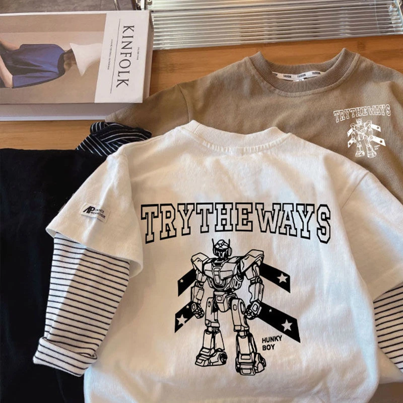 纯棉男童长袖T恤假两件春秋新款韩版潮酷打底衫儿童外穿上衣潮流t