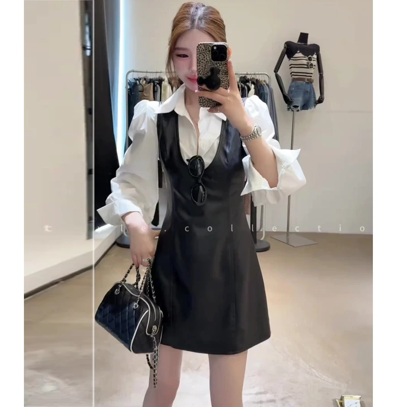 韩系气质时尚套装百搭减龄INS风连衣裙假两件白色衬衫黑裙两件套