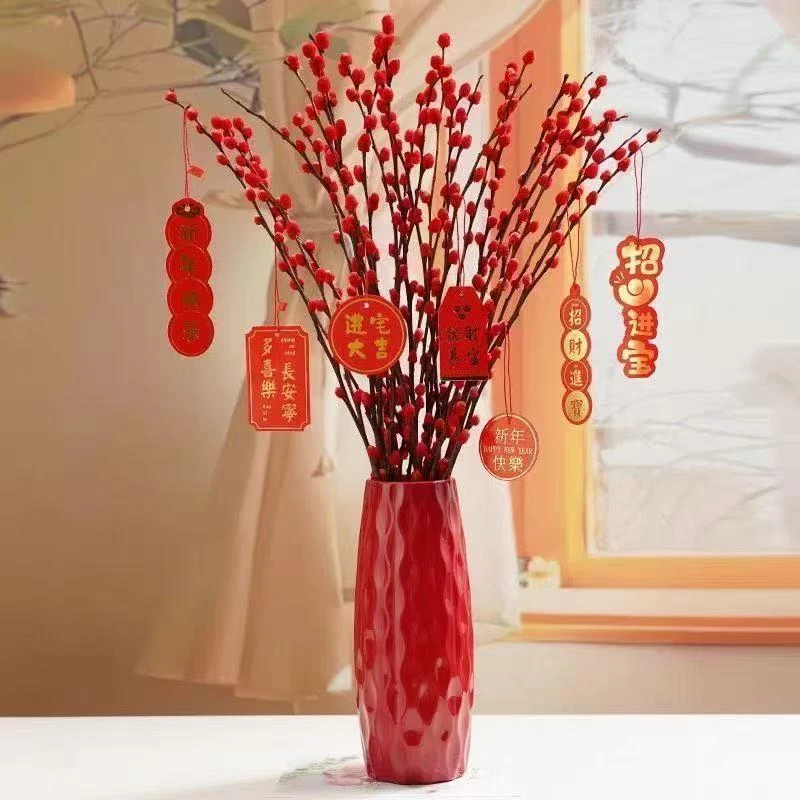 银柳真花鲜枝室内客厅喜庆摆件干枝红色年宵花卉干花新年鲜花绿植