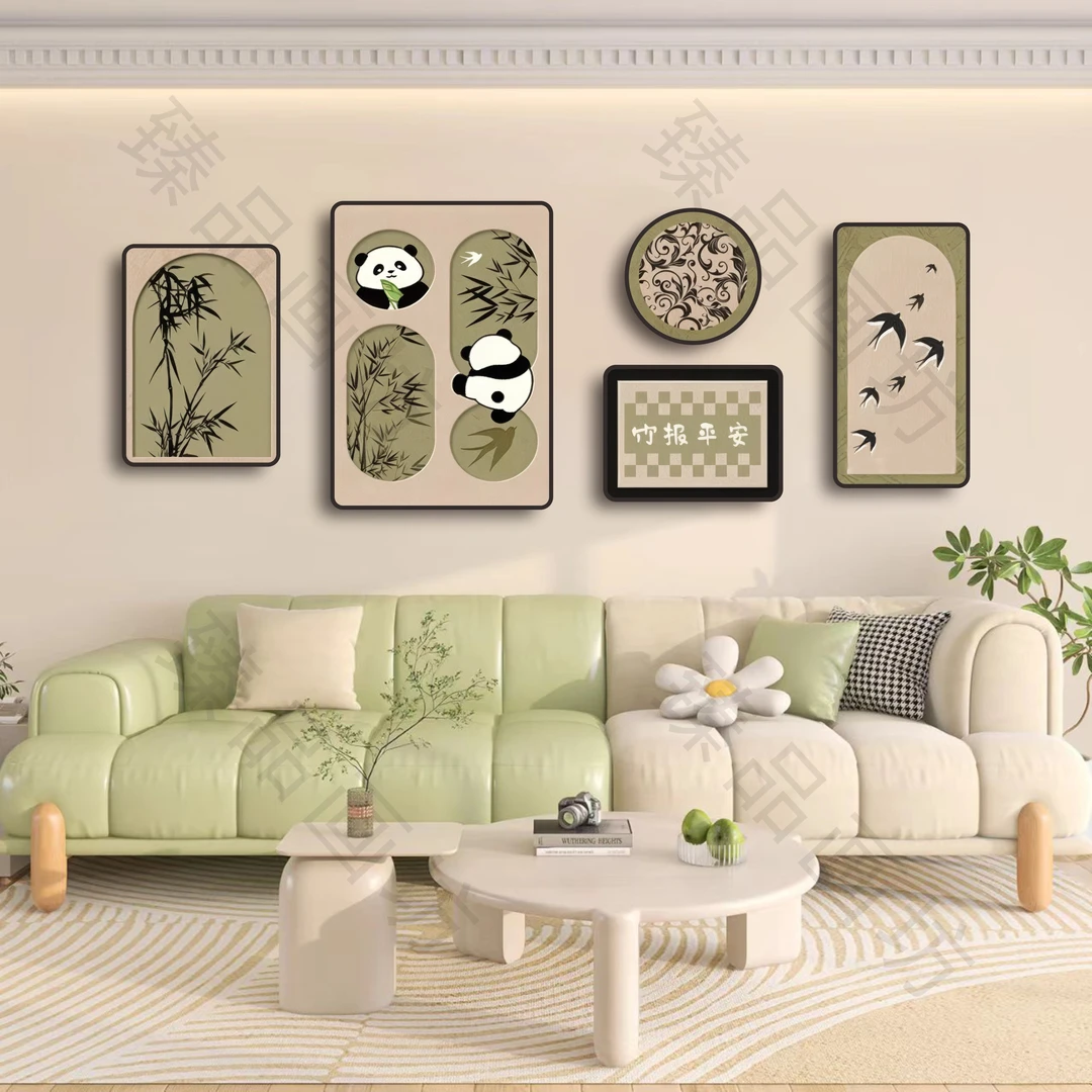 复古风熊猫客厅装饰画高级感沙发背景墙挂画小众艺术组合五联壁画
